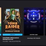 Screen from epic games store showing free Tomb raider 1-3 and Bermuda games